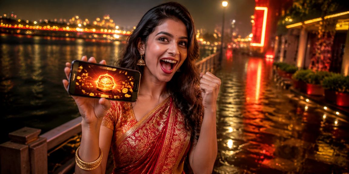 Indian player enjoying mobile slots casino at Ahmedabad riverfront
